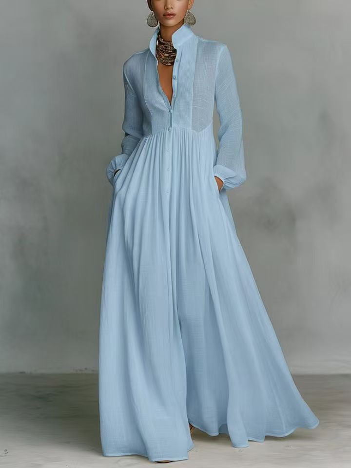 Damen Maxikleid mit Stehkragen, Knopfleiste und seitlichen Taschen Shop Nory