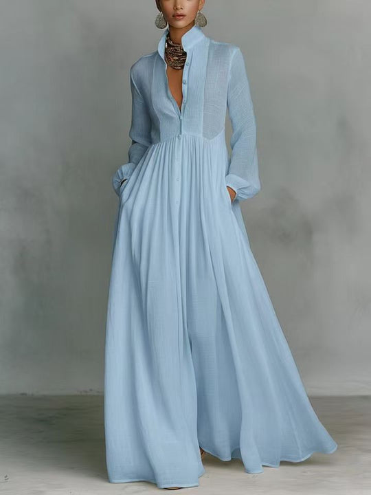 Damen Maxikleid mit Stehkragen, Knopfleiste und seitlichen Taschen Shop Nory