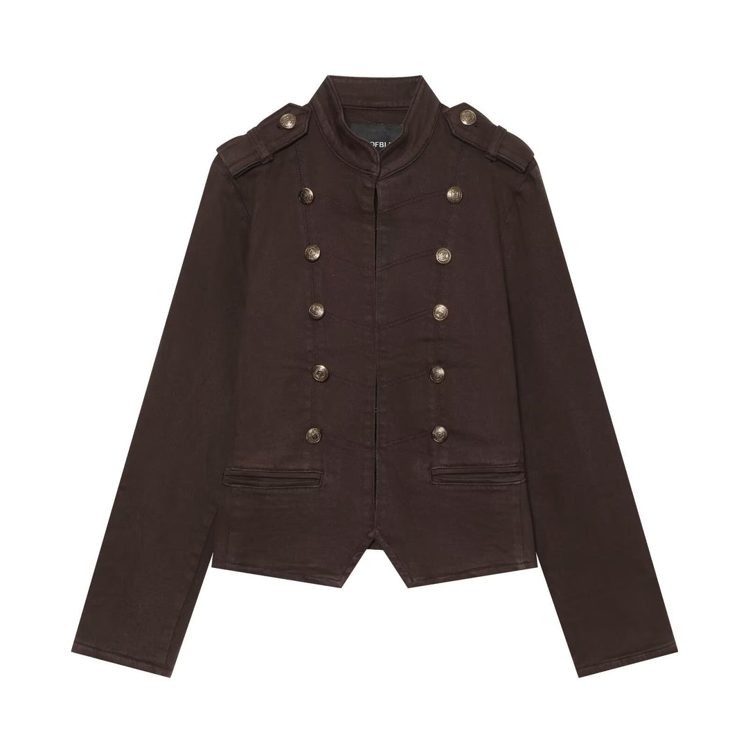 Damen Kurze militärische Jacke im Double-Breasted-Stil mit Stehkragen und Epauletten Shop Nory