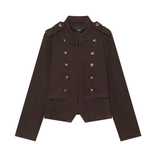 Damen Kurze militärische Jacke im Double-Breasted-Stil mit Stehkragen und Epauletten Shop Nory
