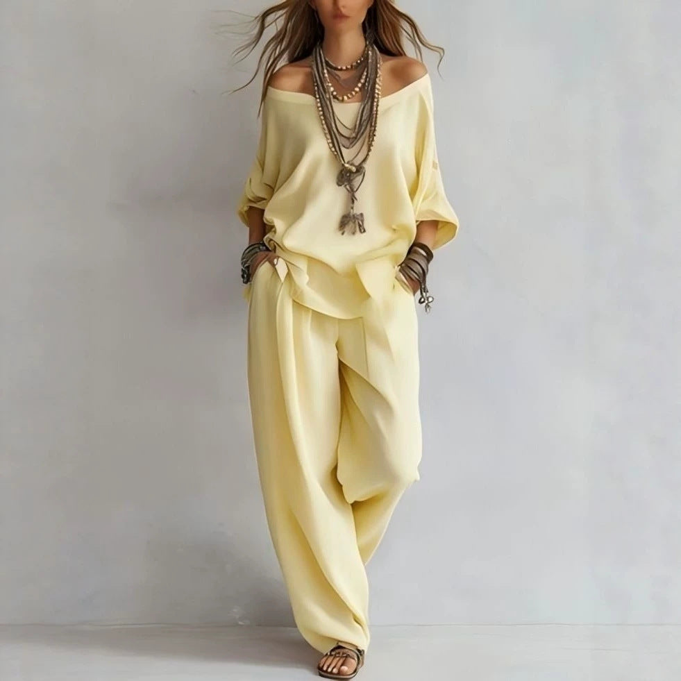 Damen Lässiges Leichtes Lounge-Set mit Carmenausschnitt und Palazzo-Hose Shop Nory