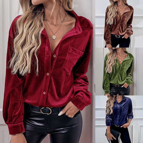 Damen Samtbluse mit Brusttasche, legerer Hemdkragen und Knopfleiste Shop Nory