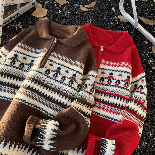 Damen Jacquard-Halbzip-Pullover mit Polokragen und Norweger‑Intarsie Shop Nory