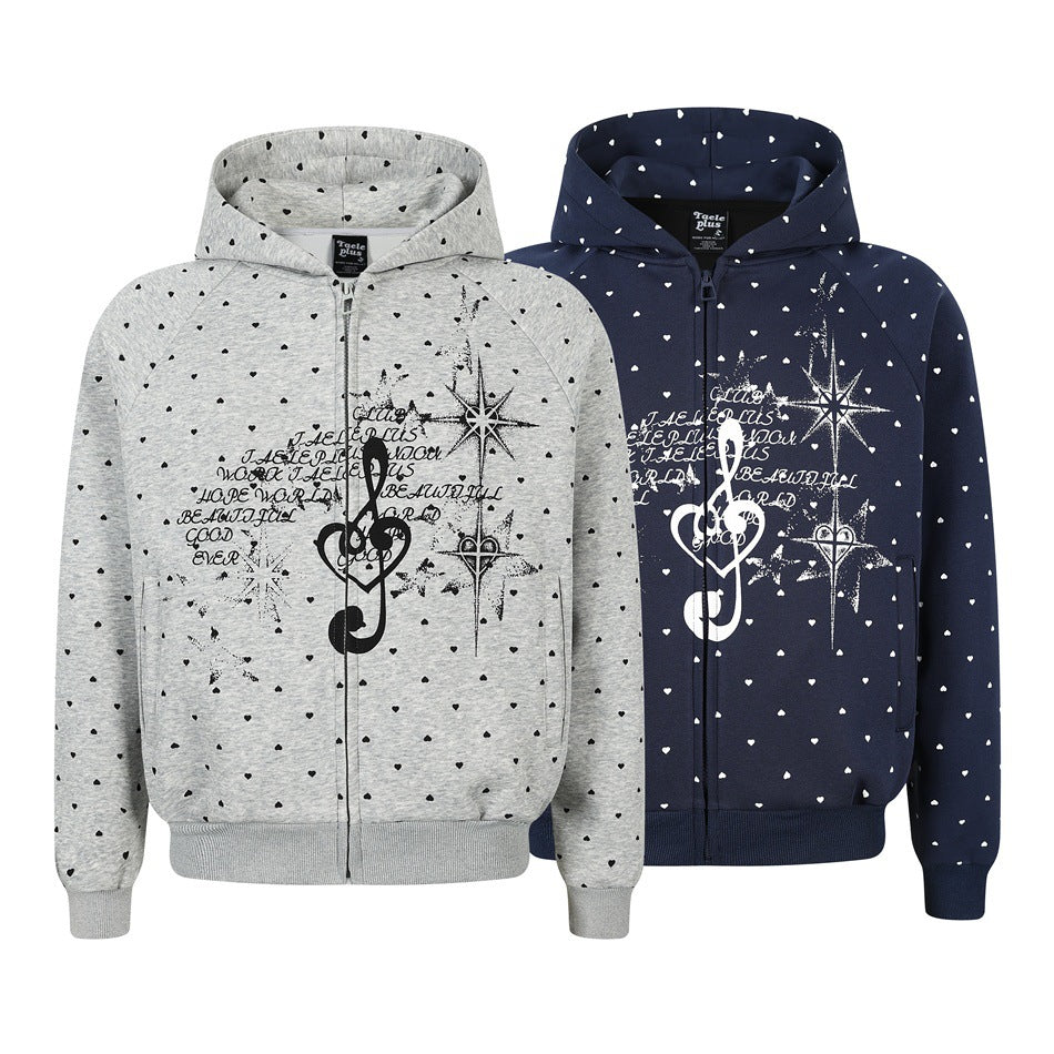 Damen Zip‑Hoodie im Herz-Allover mit Notenschlüssel‑Print und Kängurutaschen Shop Nory