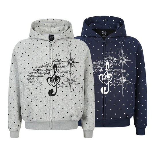 Damen Zip‑Hoodie im Herz-Allover mit Notenschlüssel‑Print und Kängurutaschen Shop Nory