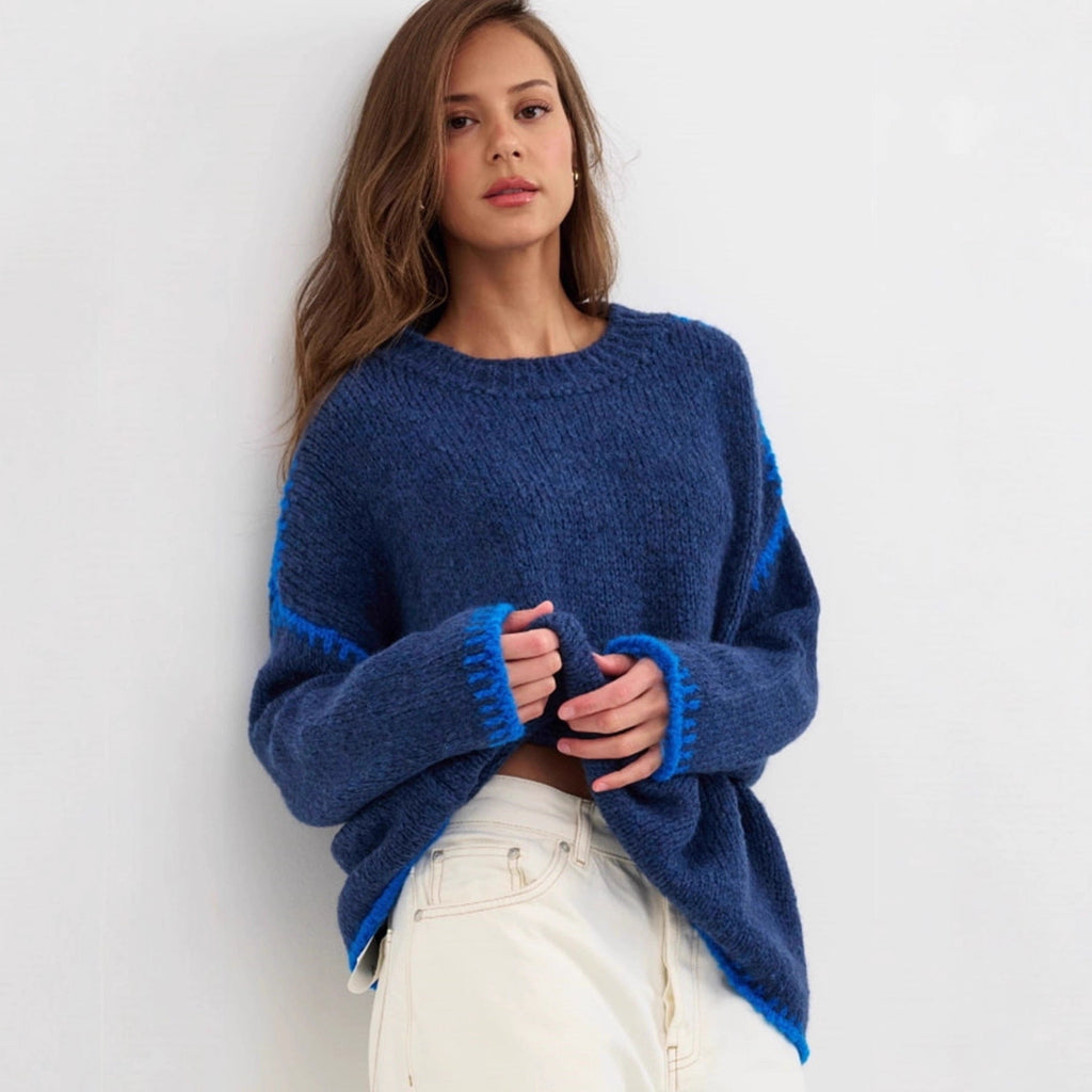 Damen kuscheliger Strickpullover mit kontrastierenden Akzentdetails