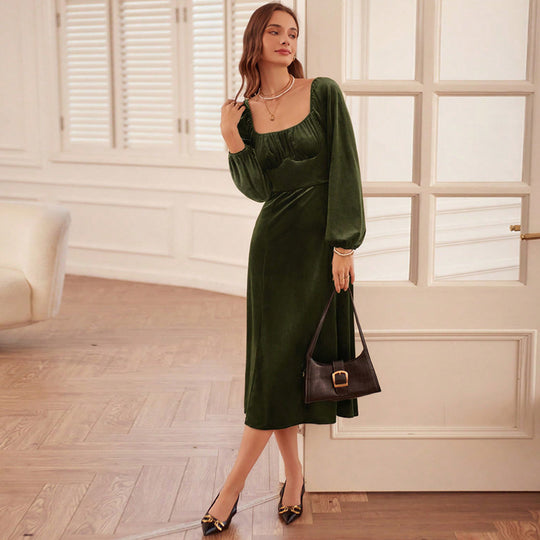 Damen elegantes Samt-Midikleid mit quadratischem Ausschnitt, geraffter Brustpartie und ballonartigen Ärmelabschlüssen Shop Nory