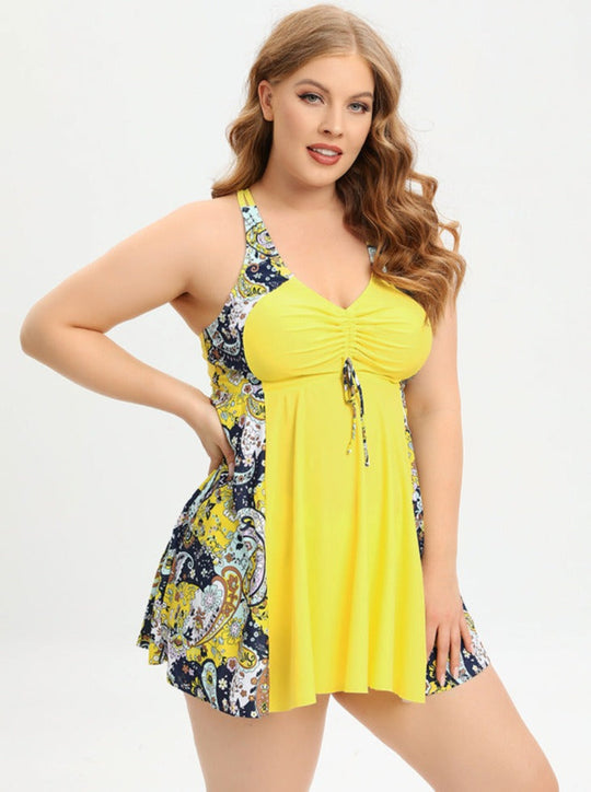 Plus Size V-Ausschnitt Badeanzugkleid mit Kreuzträgern