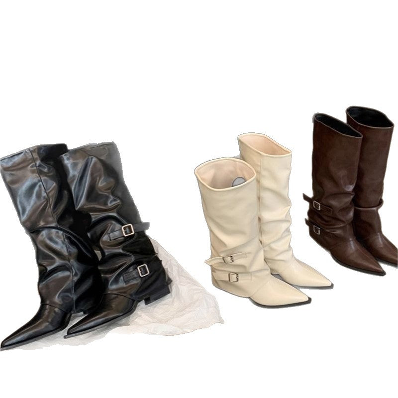 Damen Slouch-Kniehohe Stiefel mit spitzer Zehenform, dekorativen Schnallen und sculpted Blockabsatz Shop Nory