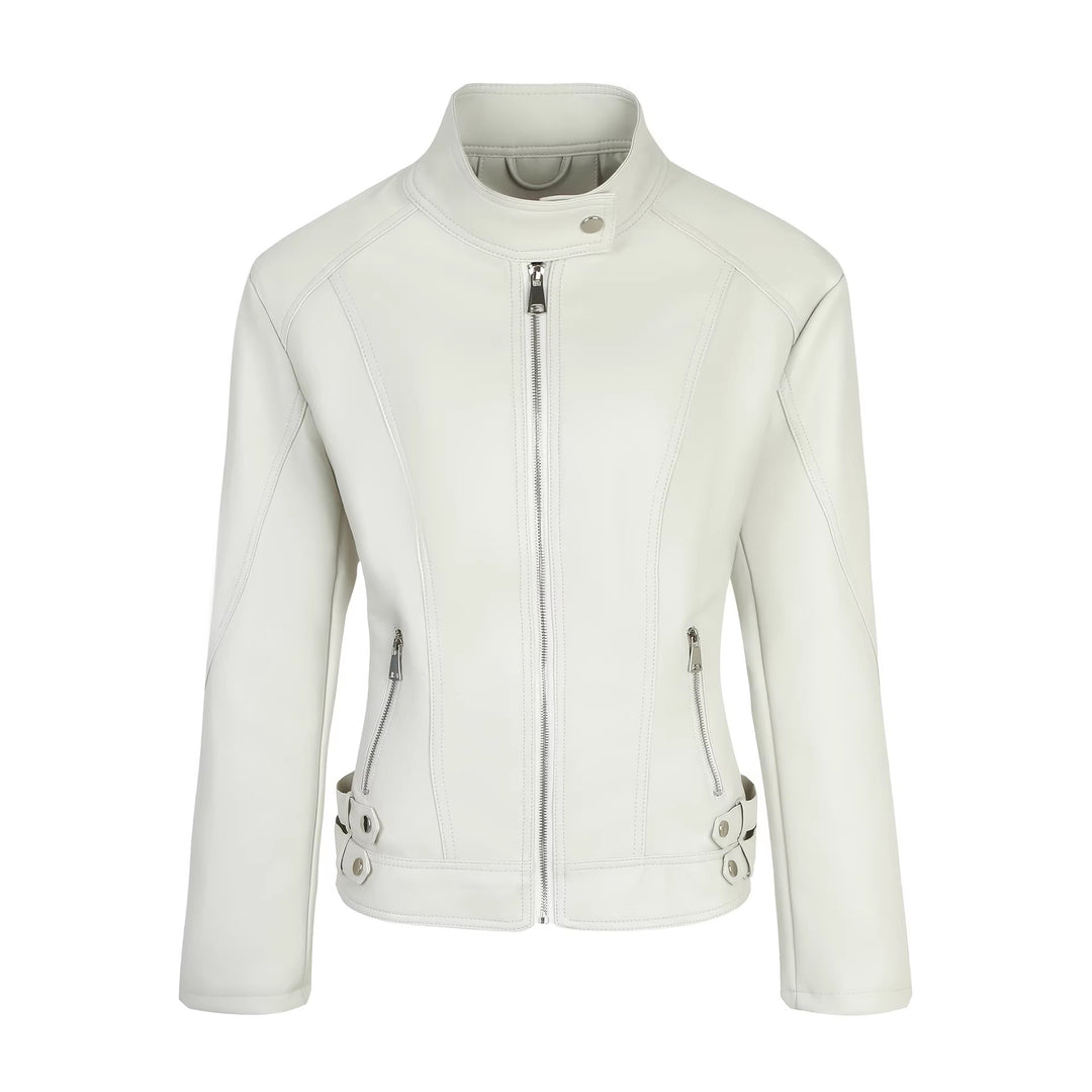 Damen Figurbetonte Motorradjacke mit hohem Stehkragen und Ziergürtel-Details Shop Nory