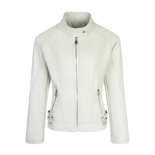 Damen Taillierte Kunstleder-Bikerjacke mit Stehkragen, vertikalen Ziernähten und seitlichen Schnallengurten Shop Nory