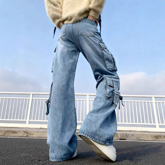 Damen Weite Cargo-Jeanshose mit mehreren aufgesetzten Taschen und Utility-Details Shop Nory
