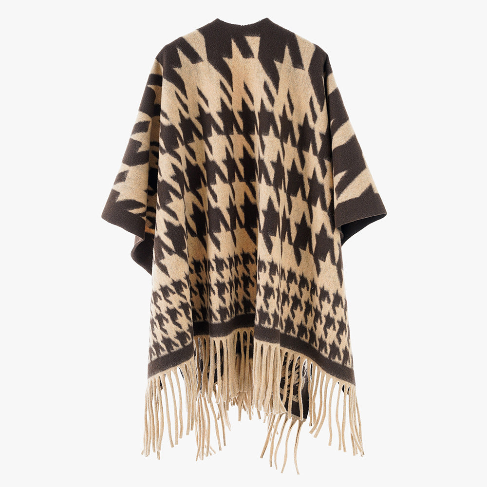 Damen Wollmix-Poncho mit Hahnentritt-Muster und Fransensaum Shop Nory