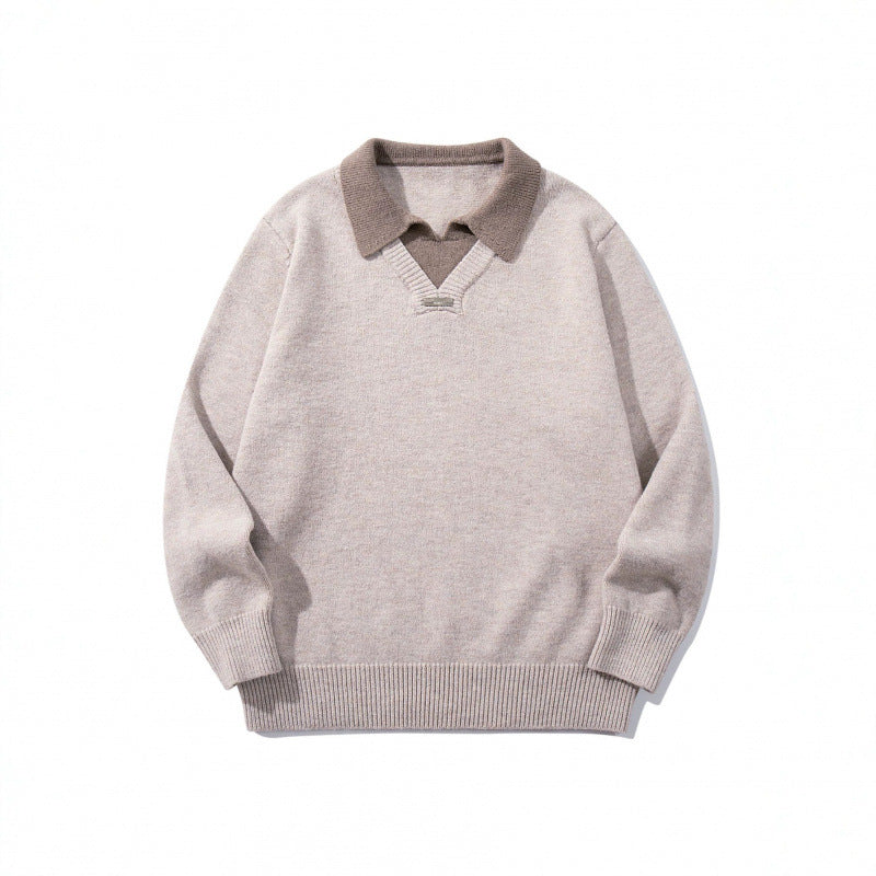 Herren Relaxter Merino-Mix Strickpullover mit kontrastierendem Polokragen und V-Detail Shop Nory