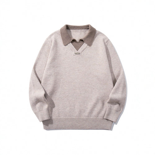 Herren Relaxter Merino-Mix Strickpullover mit kontrastierendem Polokragen und V-Detail Shop Nory