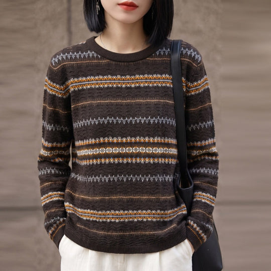 Damen Leichter Fair‑Isle Feinstrickpullover mit Rundhalsausschnitt und feiner Streifenstruktur Shop Nory
