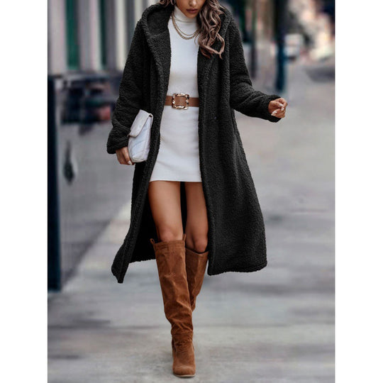Damen Maxilanger Teddy-Mantel mit Kapuze und doppelter Knopfleiste Shop Nory