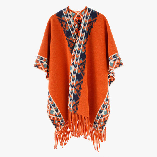 Damen Poncho‑Überwurf mit Ethno-Jacquard und Fransensaum Shop Nory
