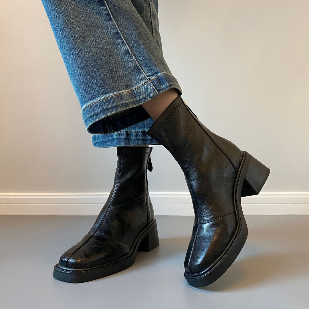 Damen knöchelhohe Lederstiefelette mit quadratischer Zehenpartie und rückseitigem Reißverschluss Shop Nory