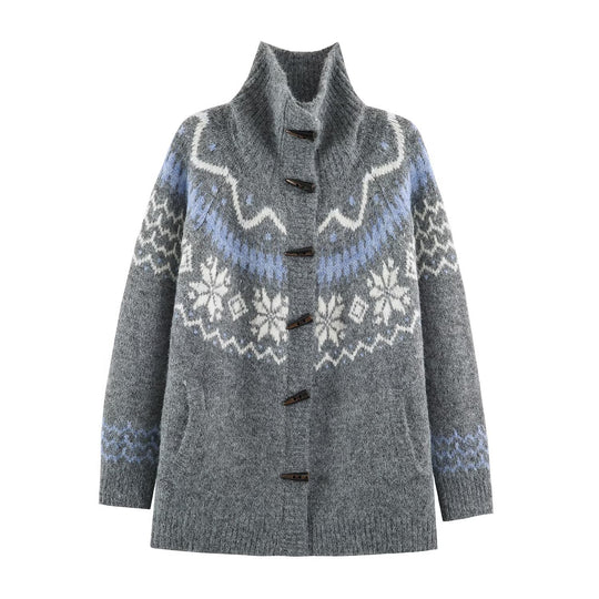 Damen Norweger-Strickjacke mit Stehkragen und Holzknopfverschlüssen Shop Nory