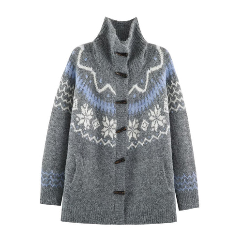 Damen Norweger-Strickjacke mit Stehkragen und Holzknopfverschlüssen Shop Nory