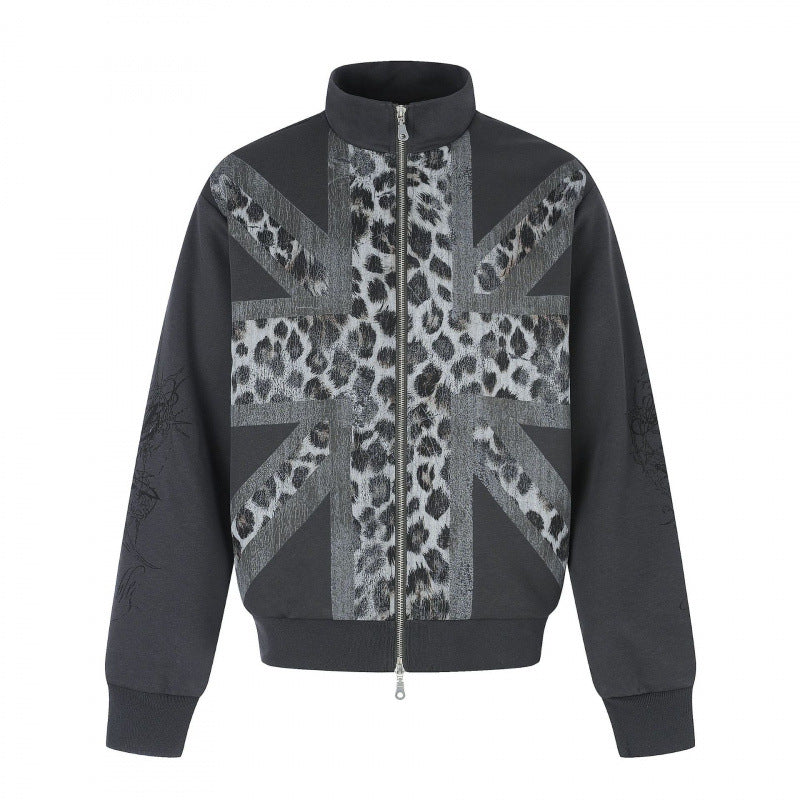 Unisex Kurz geschnittene Boxy-Jacke mit Reißverschluss, hohem Stehkragen und Leoparden-Union-Jack-Print Shop Nory