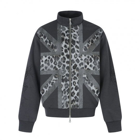 Unisex Kurz geschnittene Boxy-Jacke mit Reißverschluss, hohem Stehkragen und Leoparden-Union-Jack-Print Shop Nory