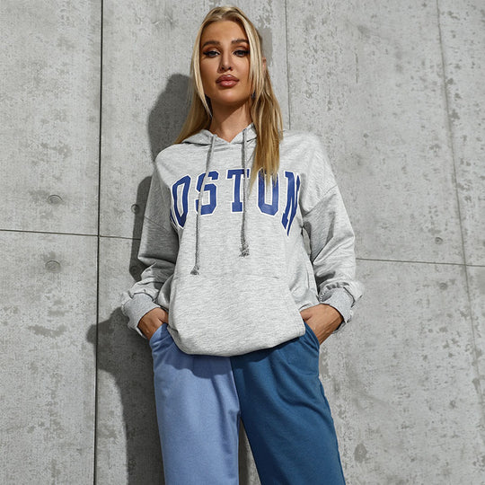 Damen Kapuzenpullover mit Collegestyle-Print, Kängurutasche und lässiger Oversize-Passform Shop Nory
