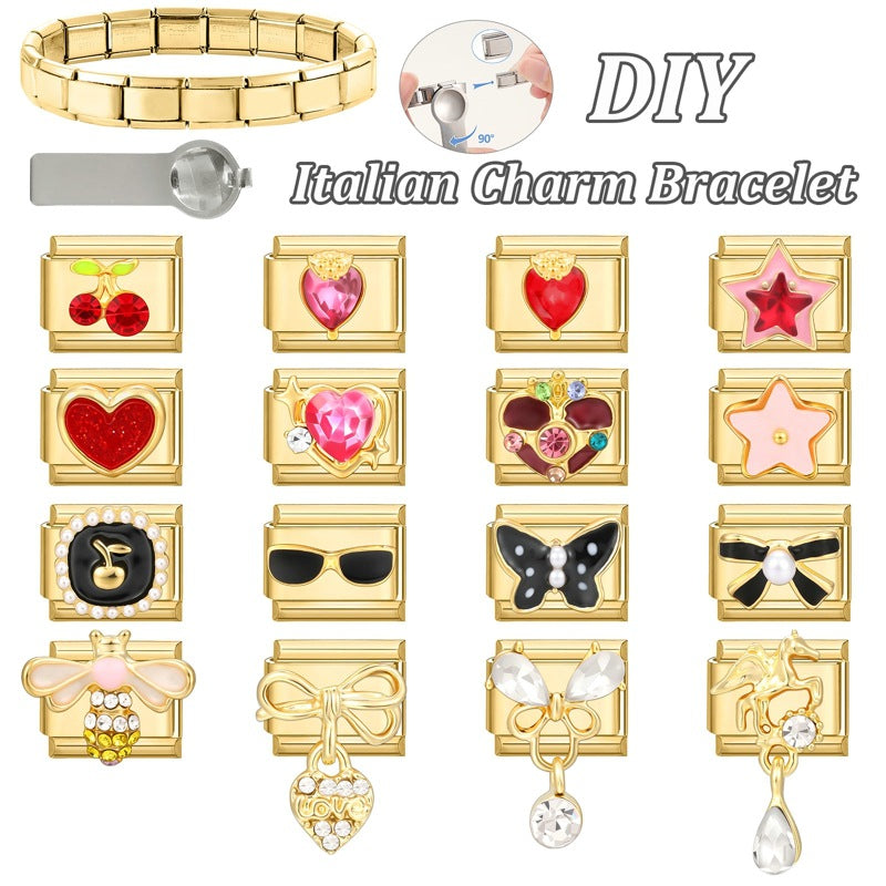 Vergoldeter Edelstahl-Anhänger mit Kristallherz und Italienischem Modul
