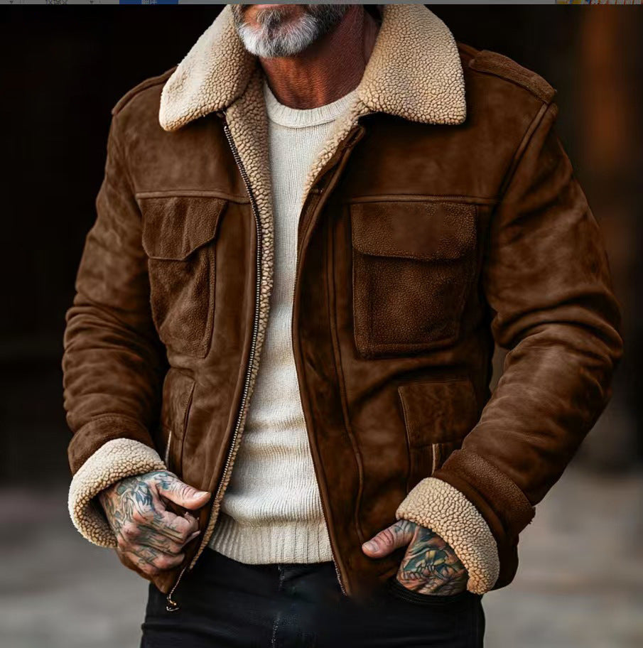 Herren Fliegerjacke aus Veloursleder mit Teddyfutter und aufgesetzten Pattentaschen Shop Nory