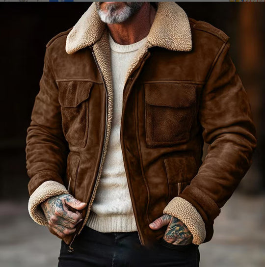 Herren Fliegerjacke aus Veloursleder mit Teddyfutter und aufgesetzten Pattentaschen Shop Nory