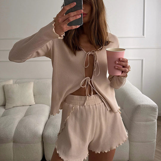 Damen gemütliches Rippstrick Haus-Set mit Bindecardigan und Shorts Shop Nory