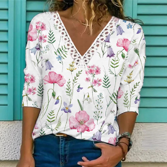 Damenbluse mit V-Ausschnitt und Spitzenbesatz, 3/4-Ärmel, Blumenmuster und lockerer Schnitt Shop Nory