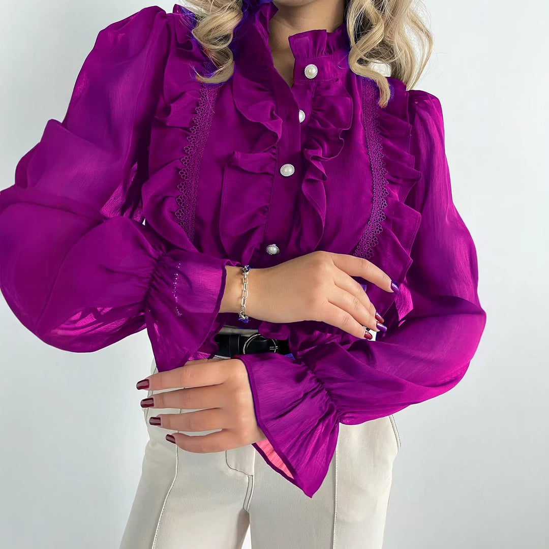 Damen Rüschenbluse aus Chiffon mit Stehkragen und Perlenknöpfen Shop Nory