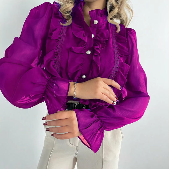 Damen Rüschenbluse aus Chiffon mit Stehkragen und Perlenknöpfen Shop Nory