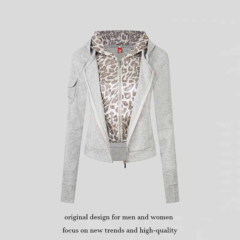 Damen Lagenlook-Zip-Hoodie mit metallischem Leoparden-Innenfutter und schmaler Silhouette Shop Nory