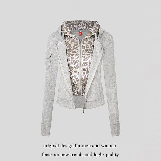 Damen Lagenlook-Zip-Hoodie mit metallischem Leoparden-Innenfutter und schmaler Silhouette Shop Nory