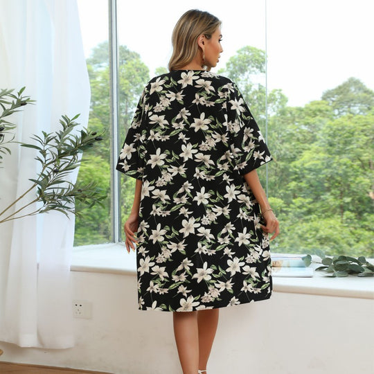Damen Langer Kimono‑Blütenmantel mit floralem Print, offener Front und 3/4‑Ärmeln Shop Nory