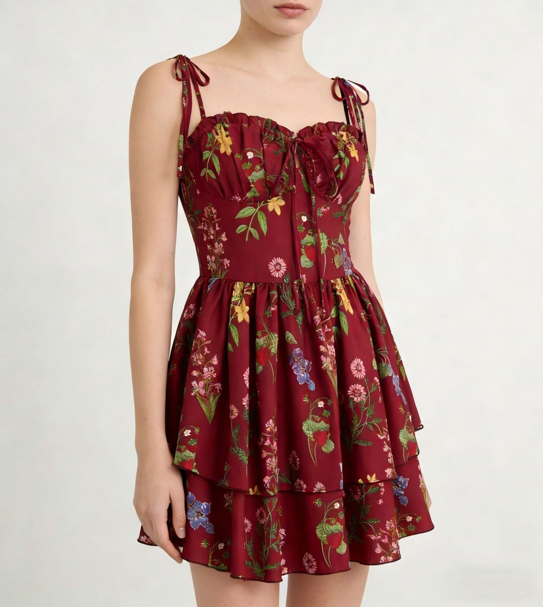 Damen Minikleid mit Blumenmuster und bordeauxfarbenem Unterrock Shopnory