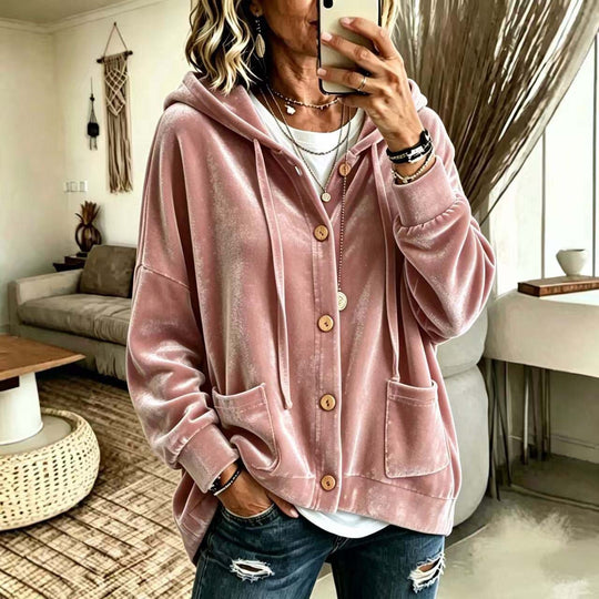 Damen Oversize Kapuzen-Samtjacke mit Knopfleiste und aufgesetzten Taschen Shop Nory