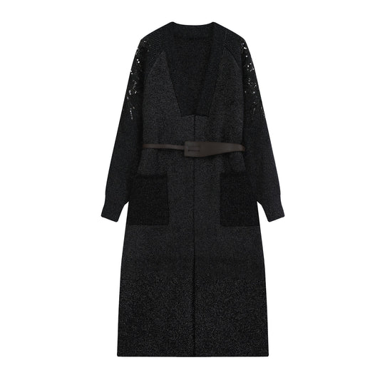 Damen Strick-Midikleid mit tiefem V-Ausschnitt, Taillengürtel und paillettenverzierten Ärmeln Shop Nory