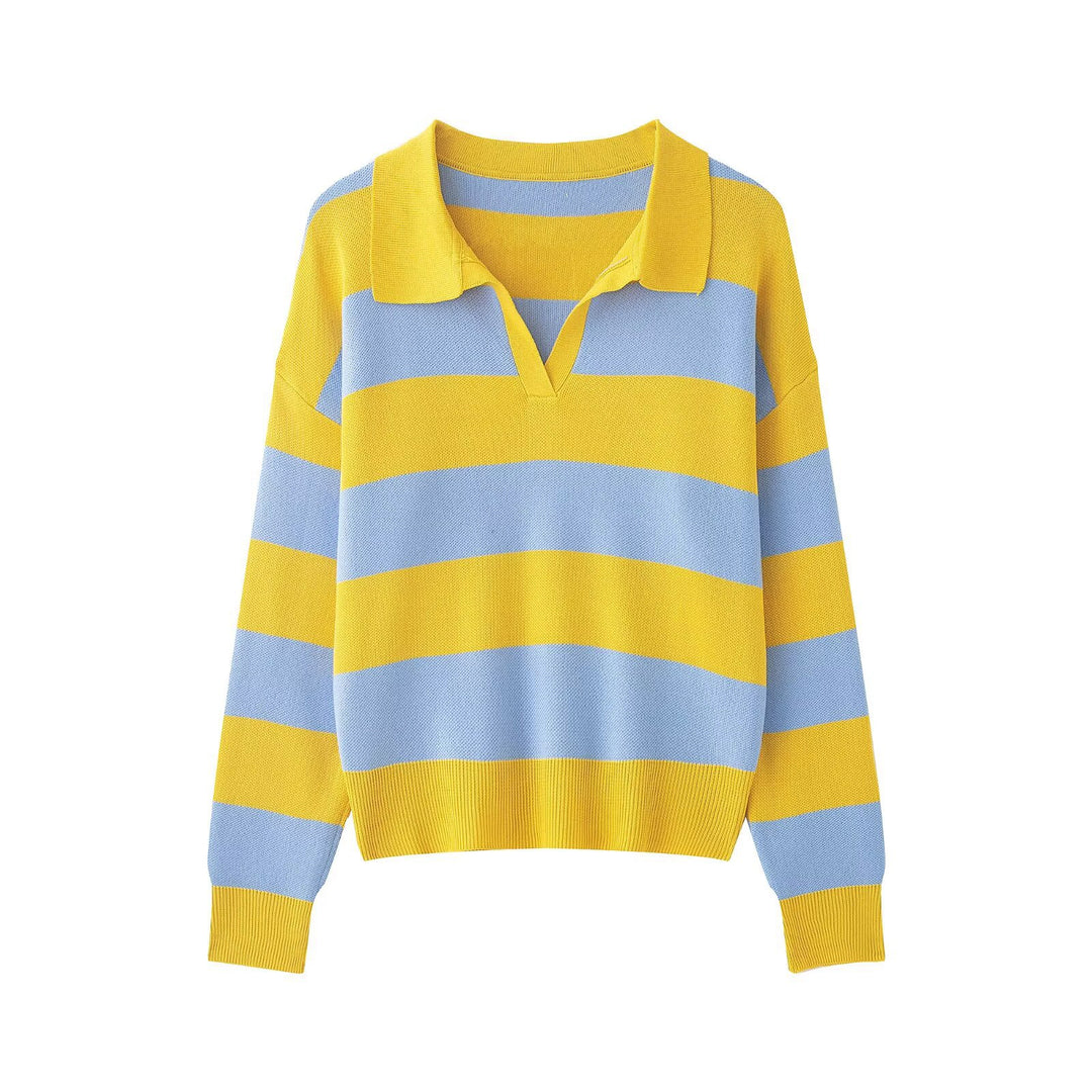 Damen Gestreifter Oversize-Rugby-Pullover mit Polokragen und V-Ausschnitt Shop Nory