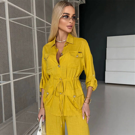 Damen Leinenoptik Utility-Hemdjacke mit Tunnelzugtaillierung und goldenen Zierknöpfen Shop Nory