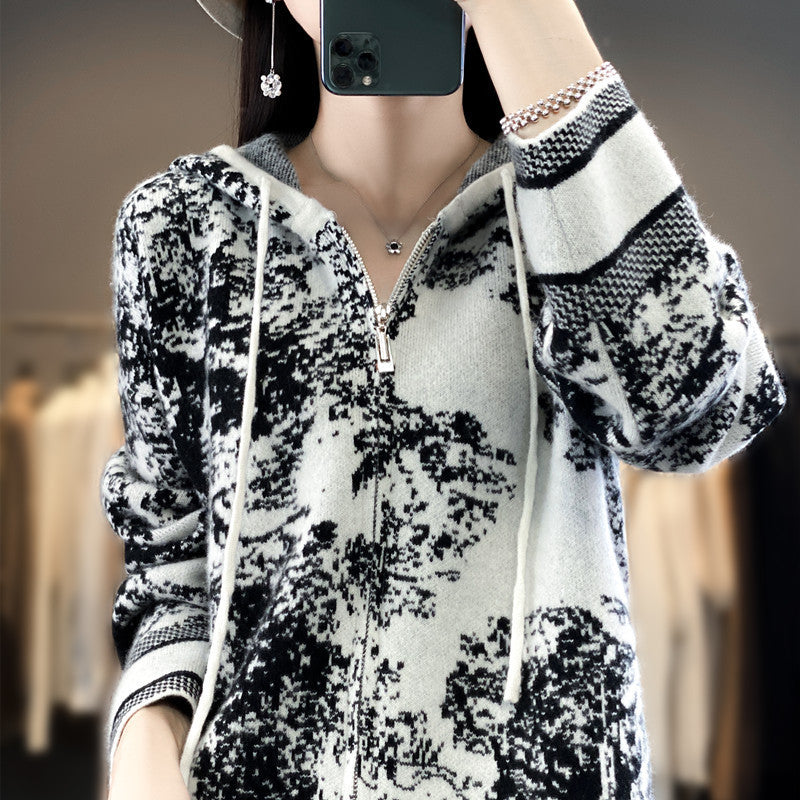 Damen Oversize Jacquard-Strickjacke mit Kapuze und Reißverschluss Shop Nory