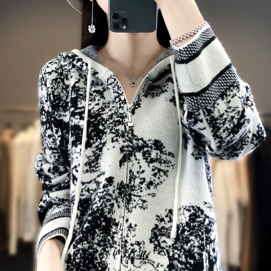 Damen Oversize Jacquard-Strickjacke mit Kapuze und Reißverschluss Shop Nory