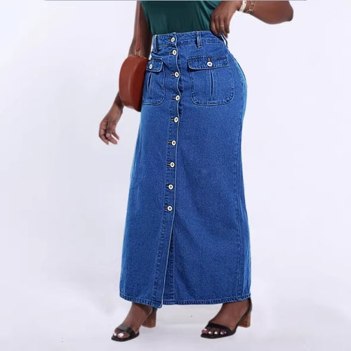 Damen Lang geschnittener High-Waist Denim-Maxirock mit durchgehender Knopfleiste und aufgesetzten Taschen Shop Nory
