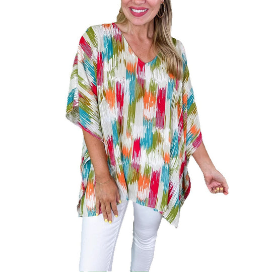 Damen Oversized V‑Neck Tunika im Plissee‑Look mit abstraktem Ikat‑Print Shop Nory