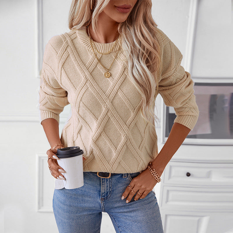 Damen nan grobstrukturierter Strickpullover mit großem Rautenmuster, geripptem Saum und Rundhalsausschnitt Shop Nory