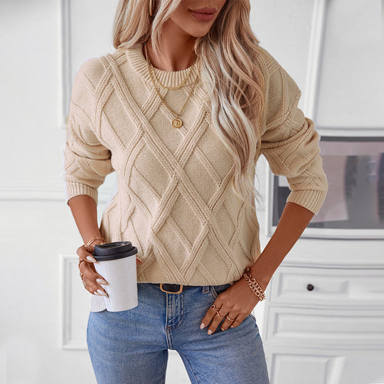 Damen nan grobstrukturierter Strickpullover mit großem Rautenmuster, geripptem Saum und Rundhalsausschnitt Shop Nory