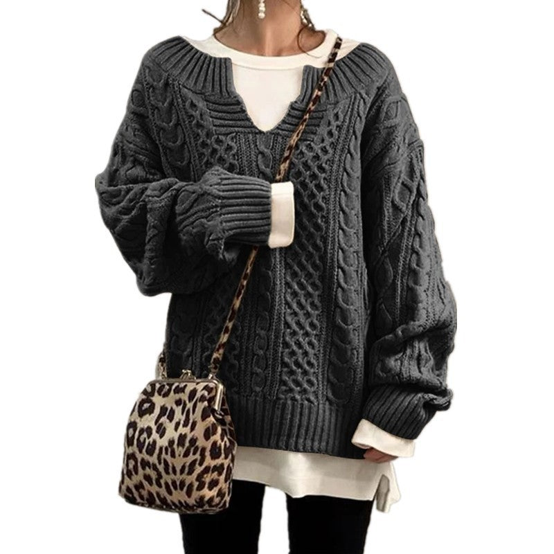 Damen nan weit geschnittener Strickpullover mit Zopfmuster und V-Ausschnitt Shop Nory